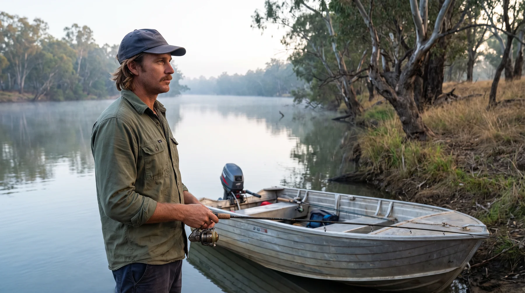 Fictional angler Callum beside a calm river